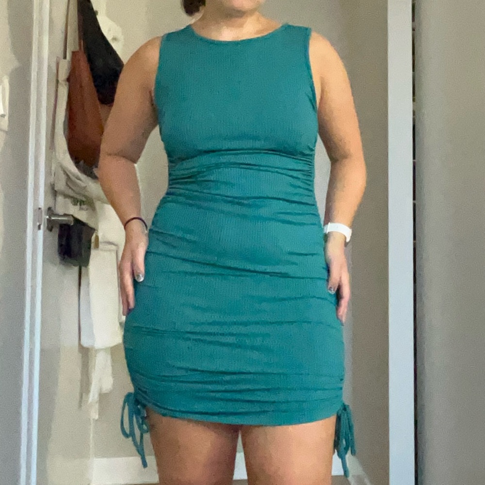 Teal bodycon ruched mini dress